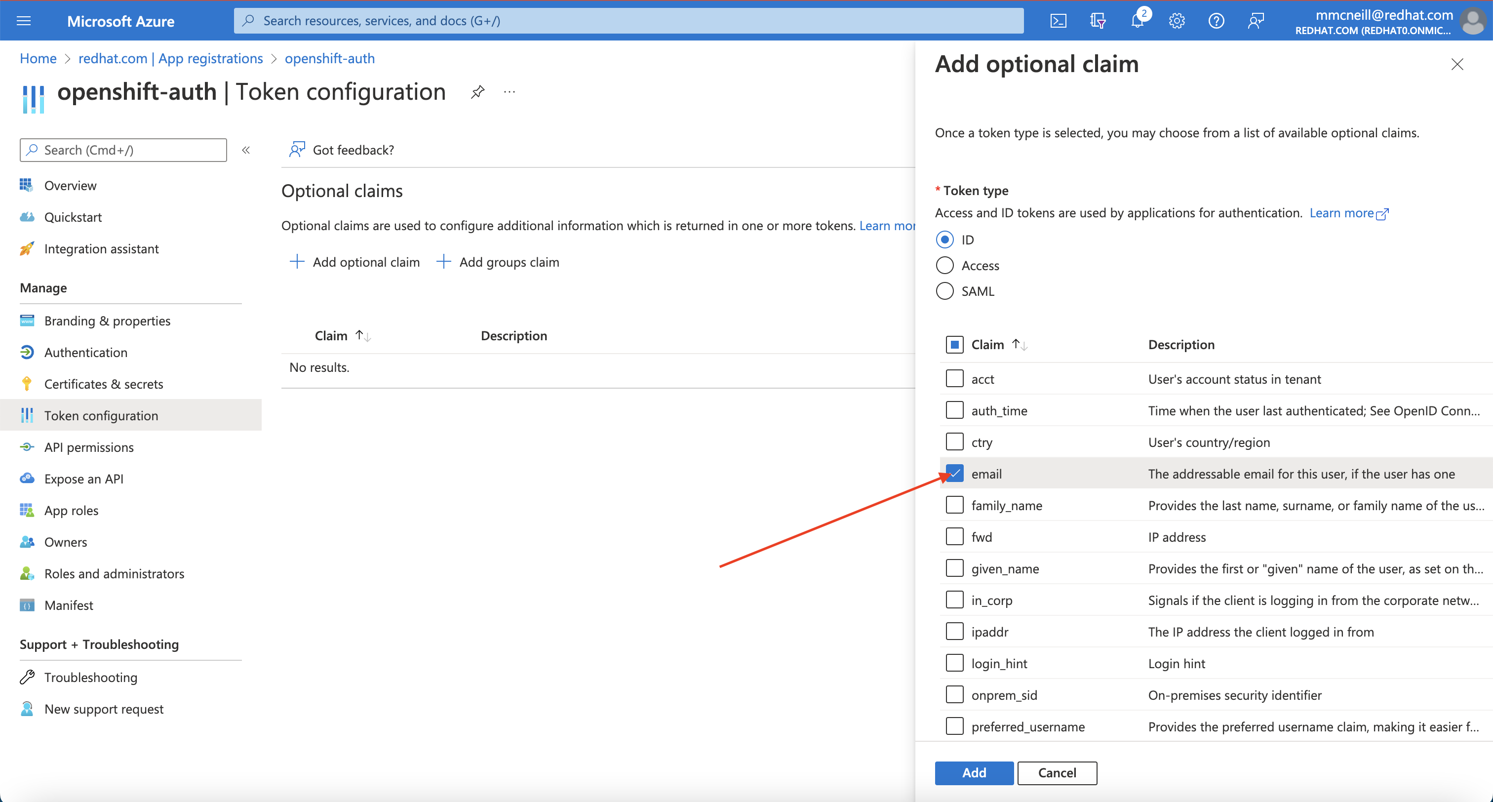 Azure Portal - Add Optional Claims - email