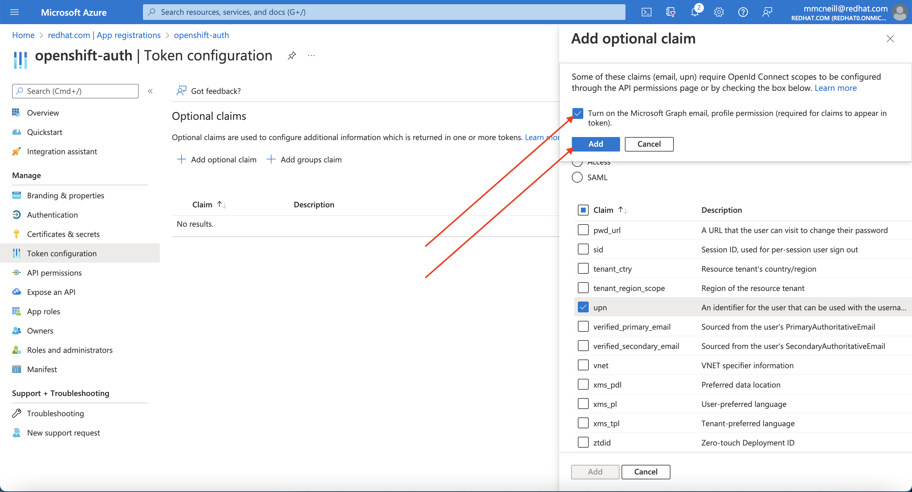 Azure Portal - Add Optional Claims - Graph Permissions Prompt