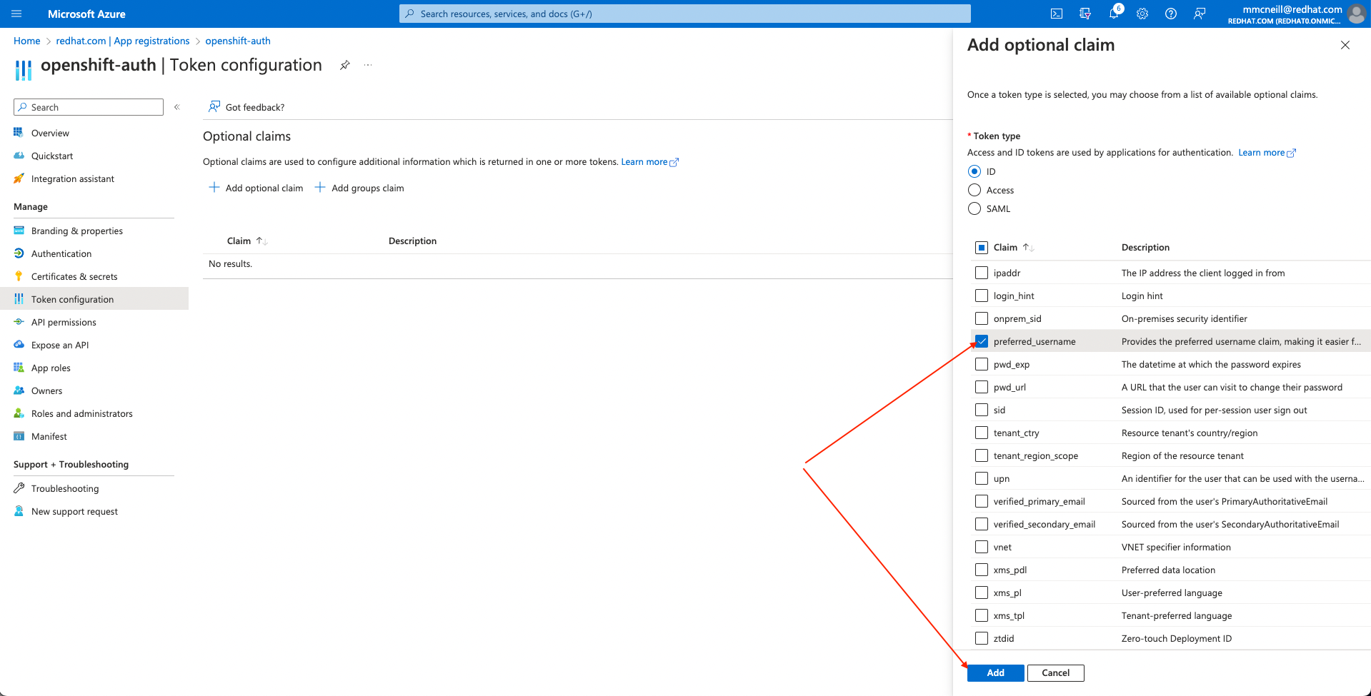 Azure Portal - Add Optional Claims - preferred_username