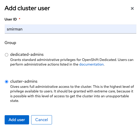 add cluster-admin user
