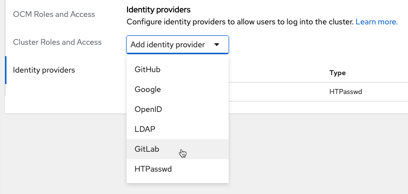 ocm select OpenID as indenity provider