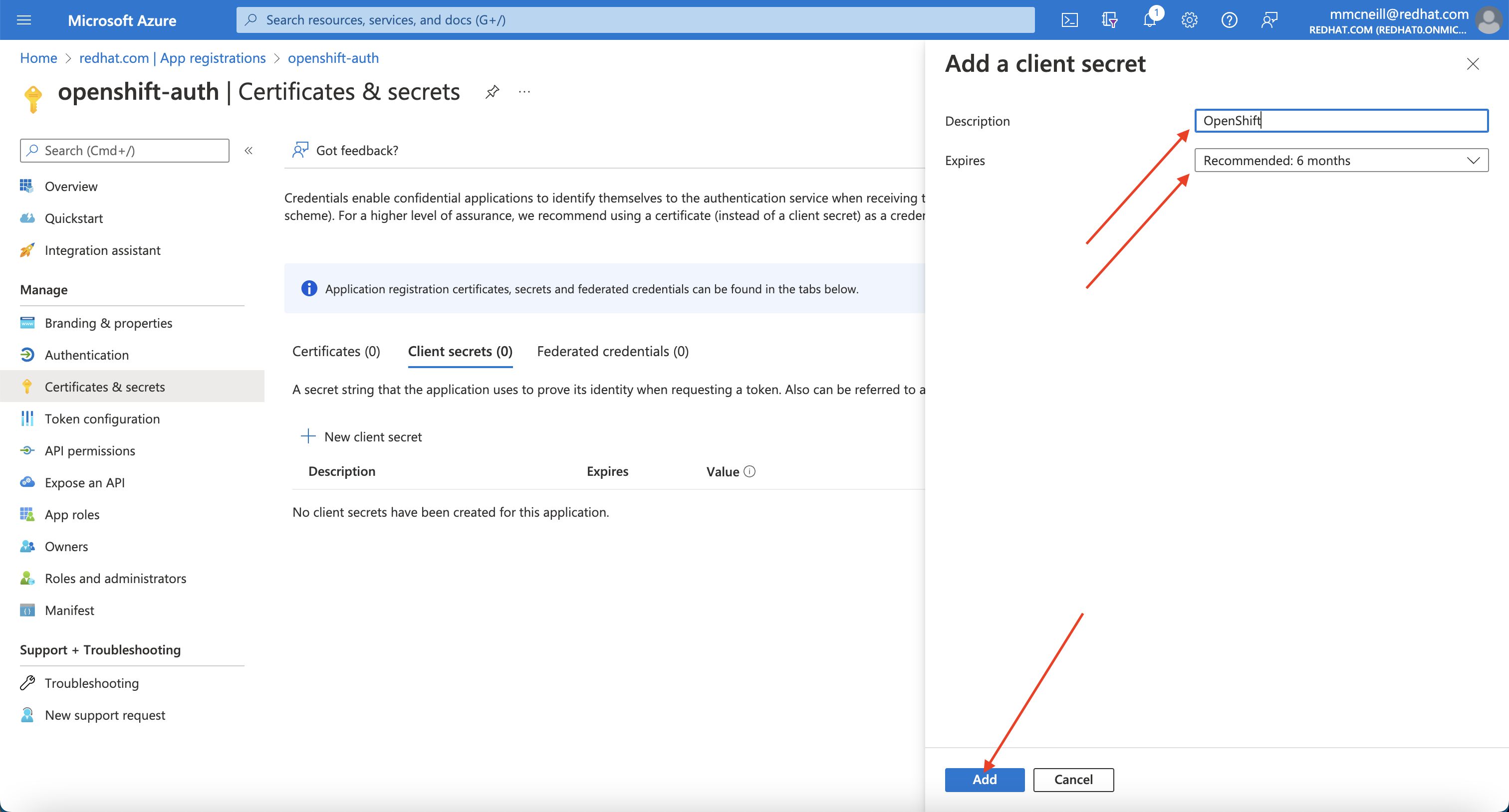 Azure Portal - Add a Client Secret page