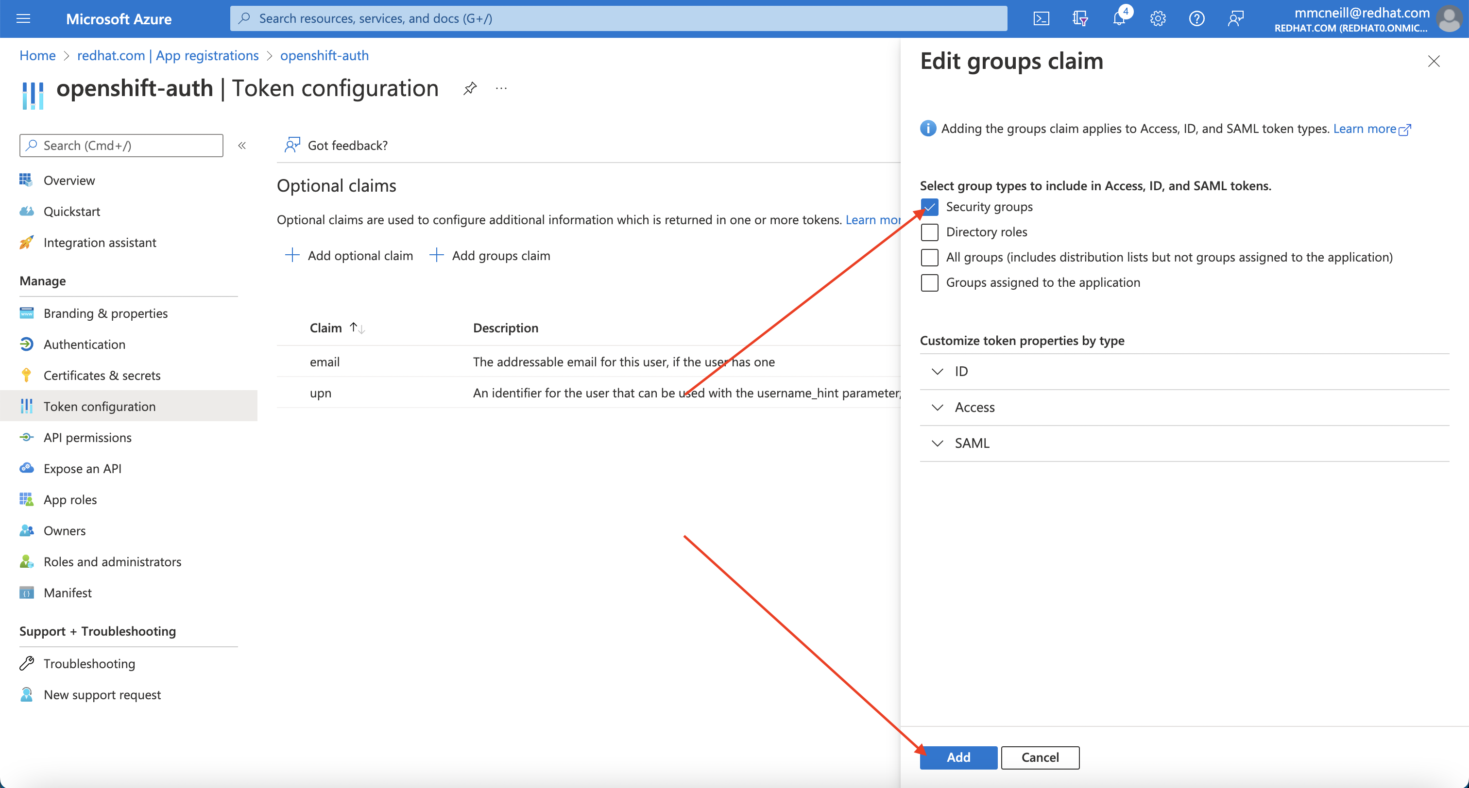 Azure Portal - Edit Groups Claim Page